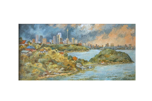 Ann Gomes Original Oil Painting on Board "Sydney Harbour" 39.5cm x 19.5cm