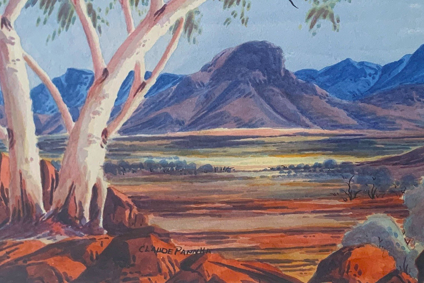 Claude Pannka (1928-1972) Ghost Gums - MacDonnell Ranges Watercolour 20cm x 34.5cm