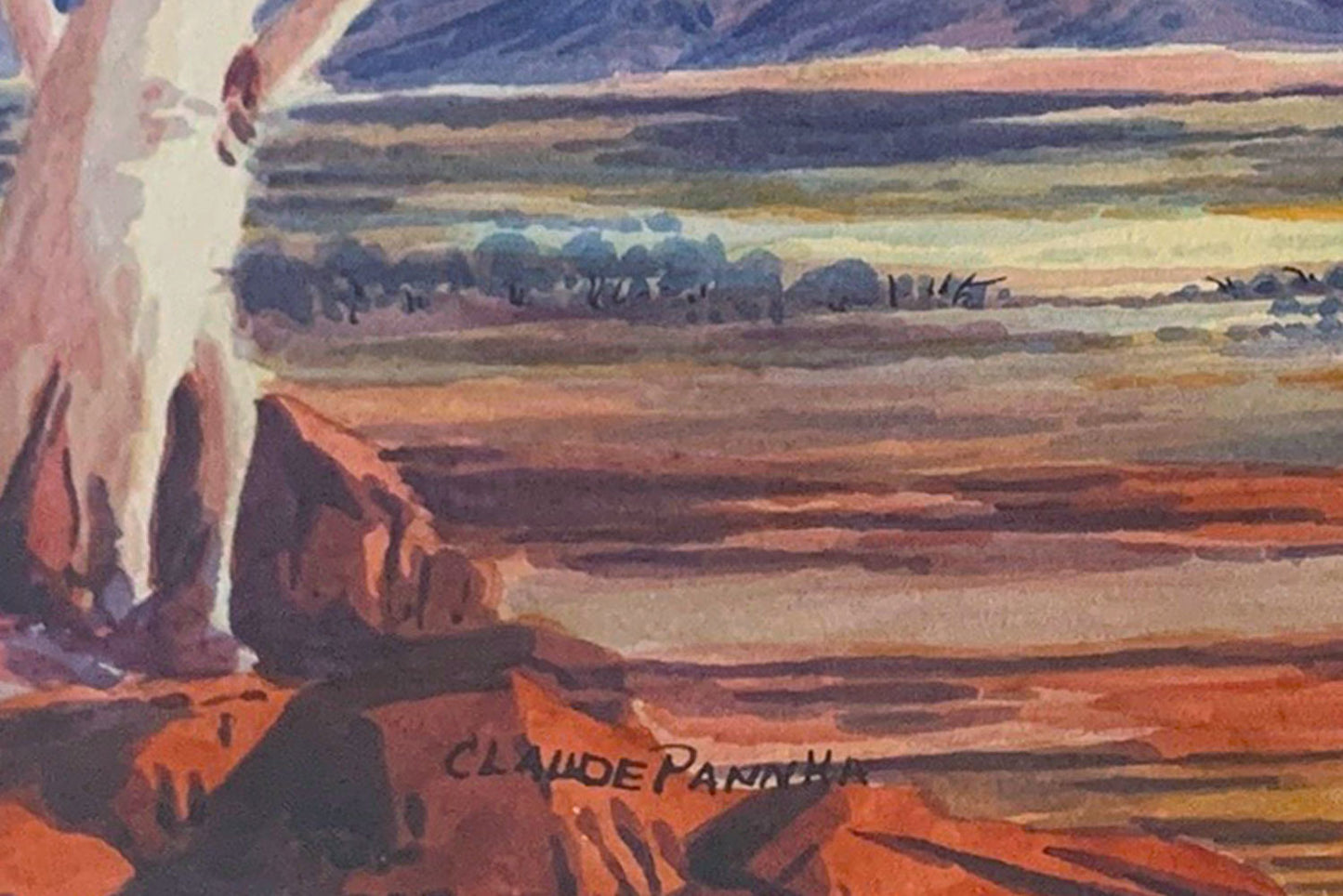 Claude Pannka (1928-1972) Ghost Gums - MacDonnell Ranges Watercolour 20cm x 34.5cm