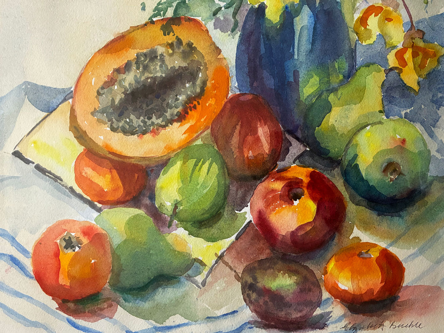 Elizabeth Bruble - Original Watercolour Painting on Paper 'Flowers and Fruit' 49.5cm x 35cm