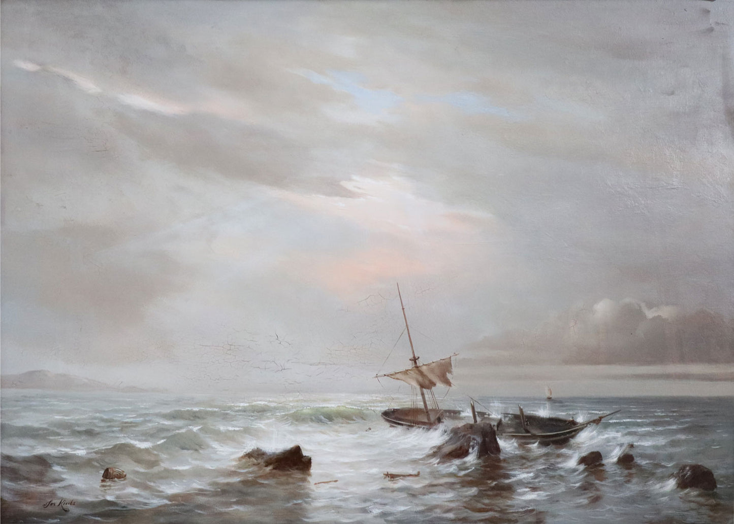 Jos (Jozef) Kivitz (b.1945) XLarge Original Oil Painting on Board 'Shipwreck Against the Rocks" 49cm x 69cm