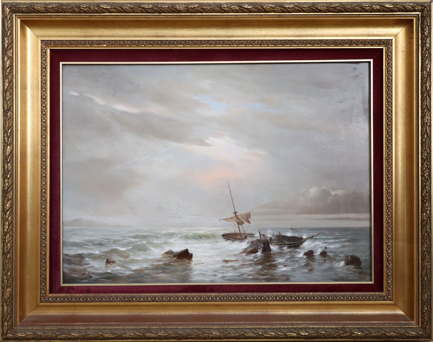 Jos (Jozef) Kivitz (b.1945) XLarge Original Oil Painting on Board 'Shipwreck Against the Rocks" 49cm x 69cm