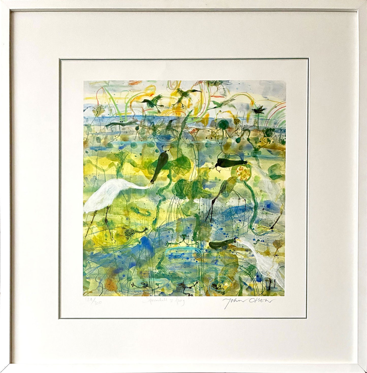 John Olsen, (1928-2023) Limited Edition Giclee Print Titled 'Spoonbill and Frogs' 46cm x 42.7cm