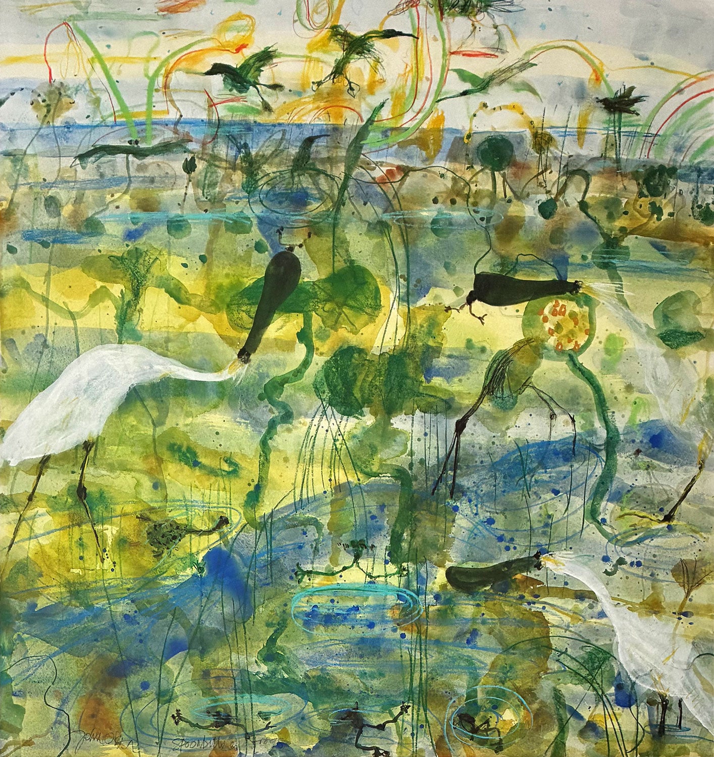 John Olsen, (1928-2023) Limited Edition Giclee Print Titled 'Spoonbill and Frogs' 46cm x 42.7cm