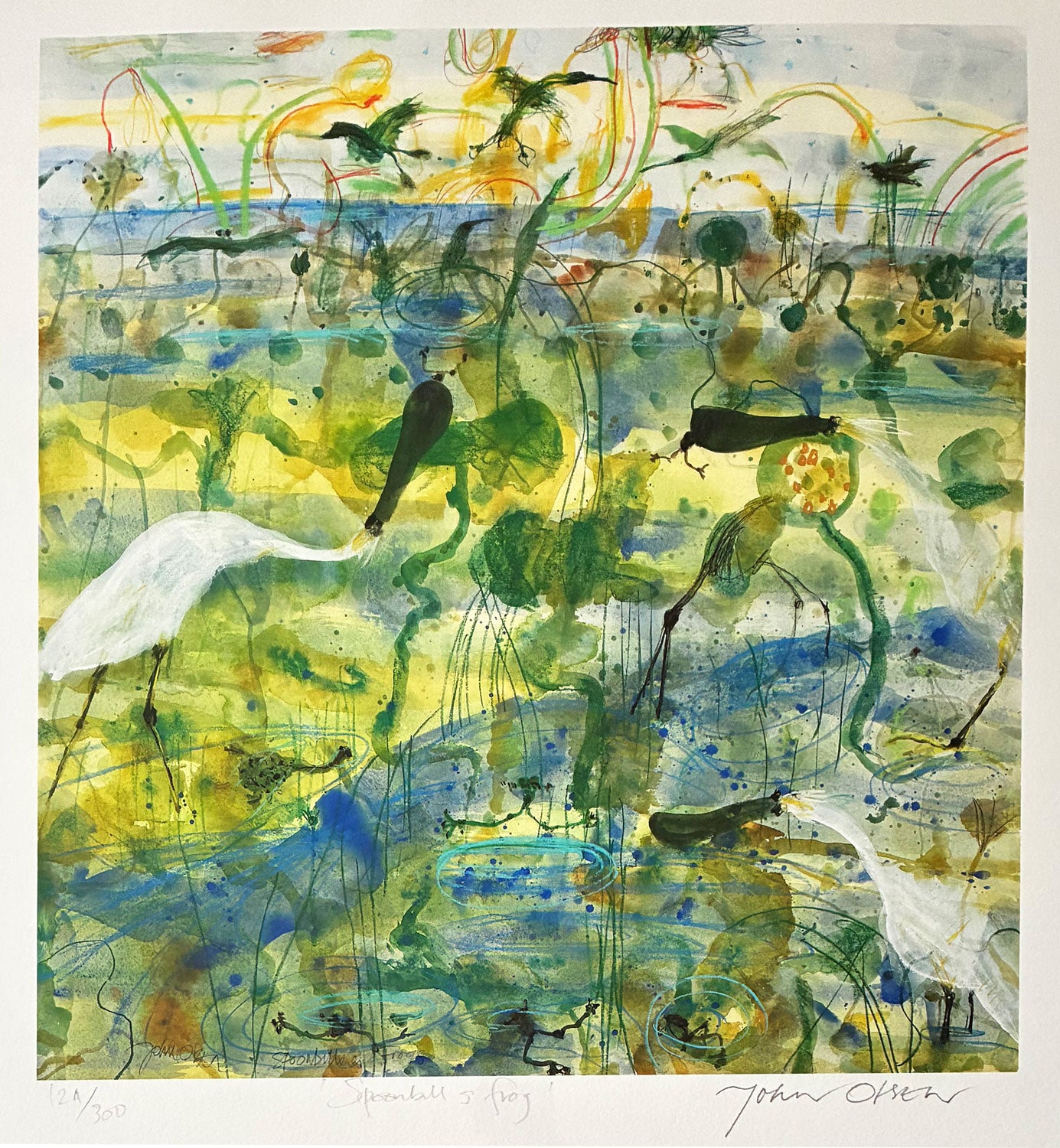 John Olsen, (1928-2023) Limited Edition Giclee Print Titled 'Spoonbill and Frogs' 46cm x 42.7cm
