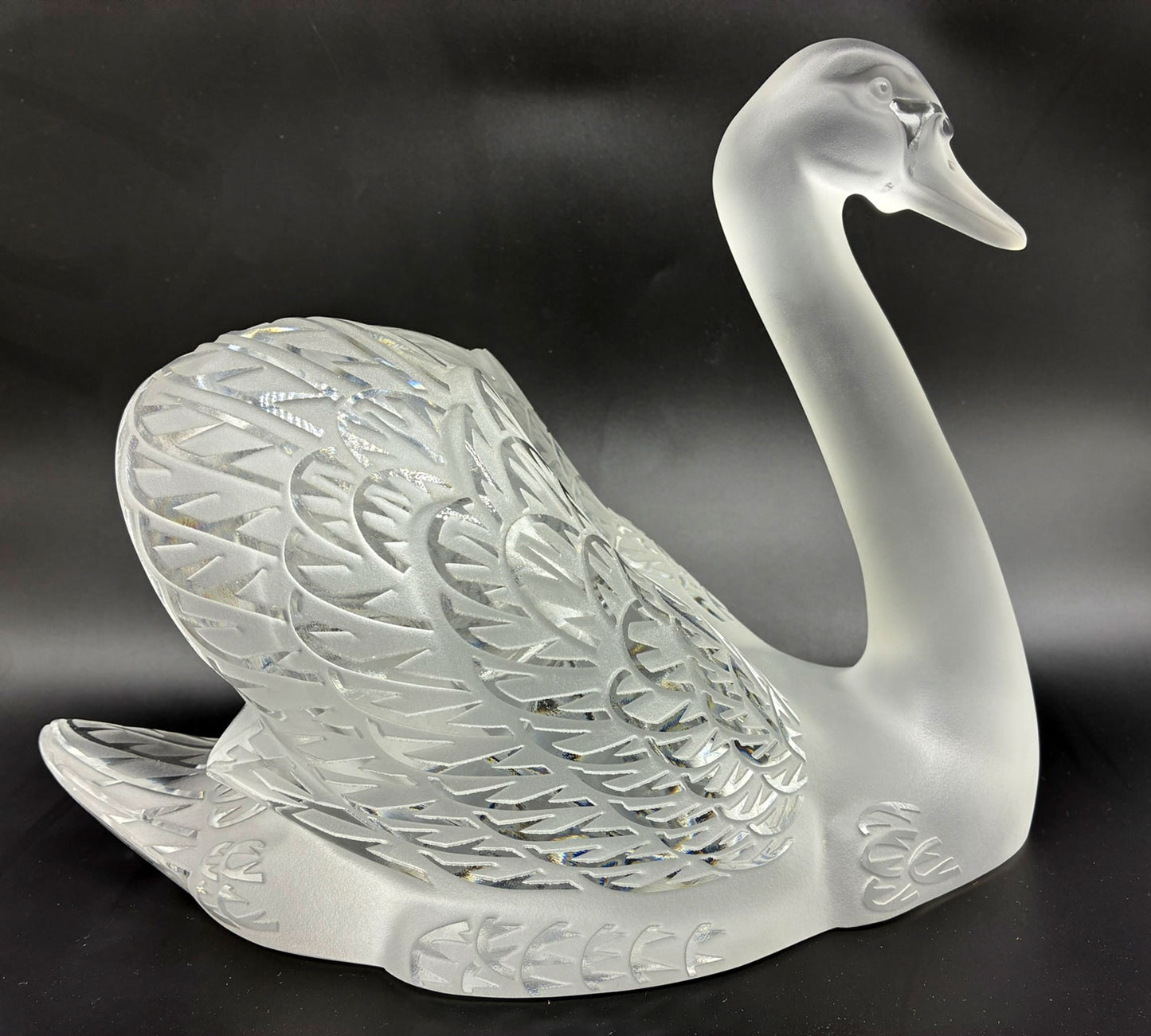 Lalique France - Clear and Frosted Glass Cygne Tête Penchée 'Head Up' Swan 25cm x 31 cm