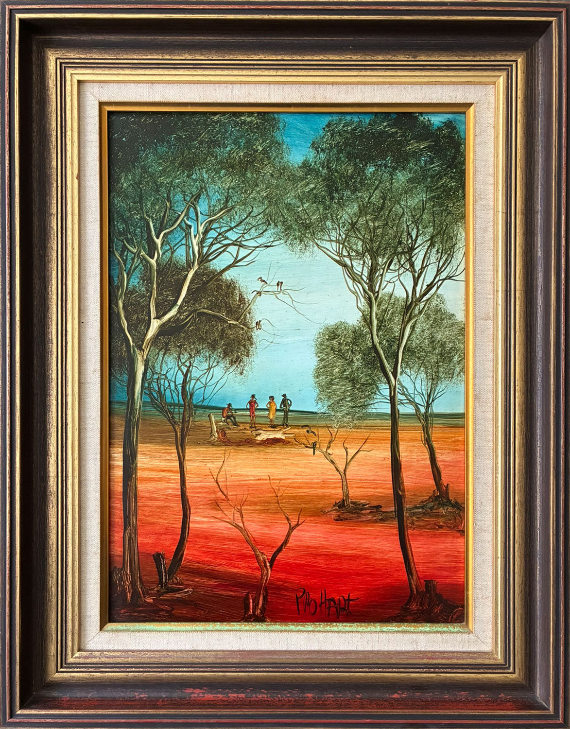 Pro Hart (1928-2006) - Large Original Oil Painting 'Figures in a Landscape' 44cm x 30cm