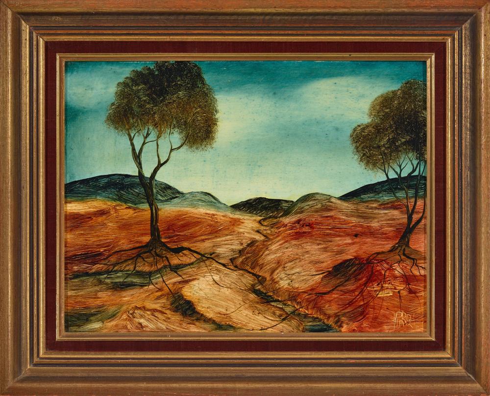 Pro Hart (1928-2006) Large Original Oil Painting On Board 'Parched Landscape" 26.5cm x 35.5cm
