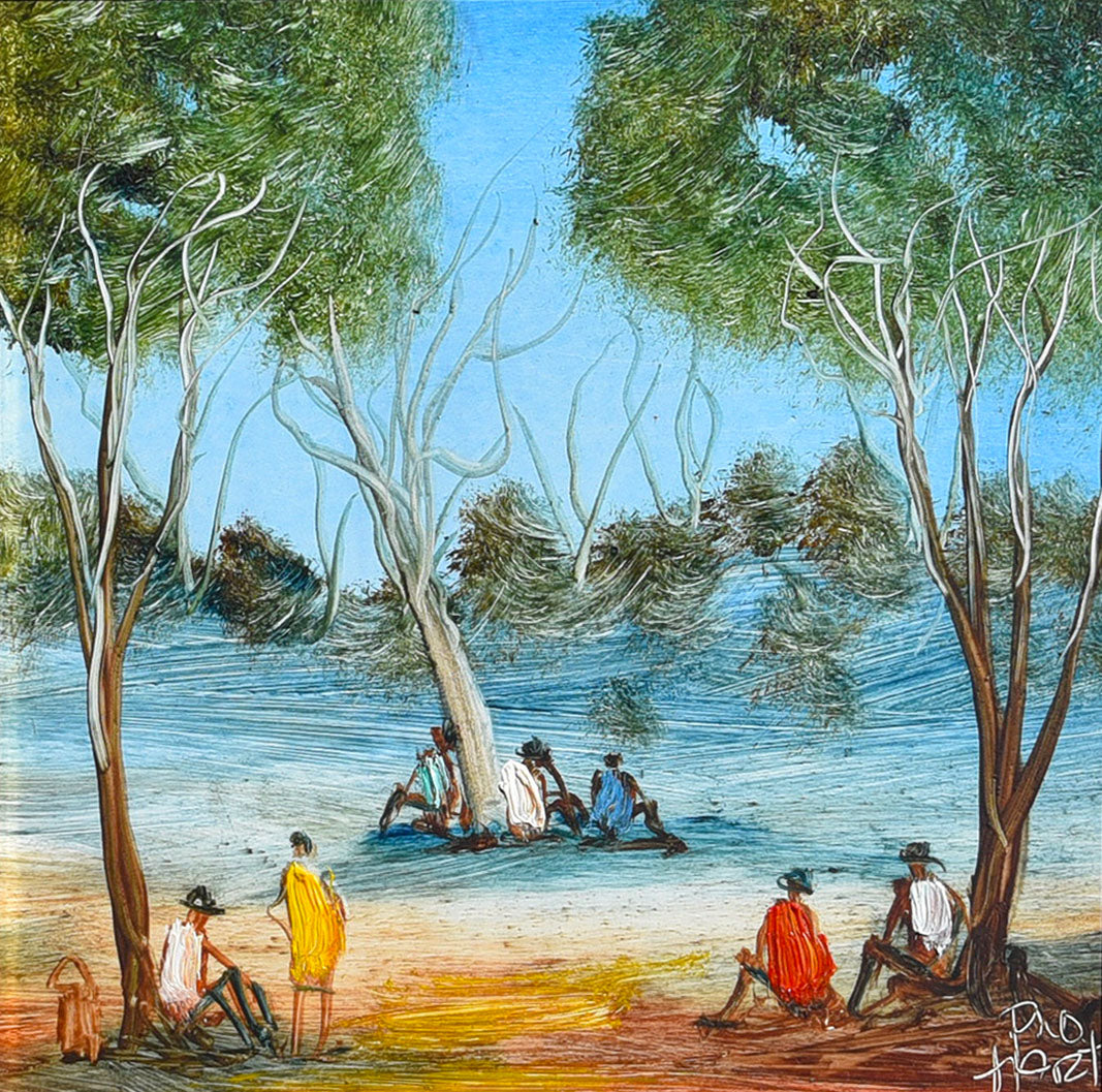 Pro Hart (1928-2006) - Original Oil Painting On Board 'Bush Walkers Resting" 14cm x 14cm
