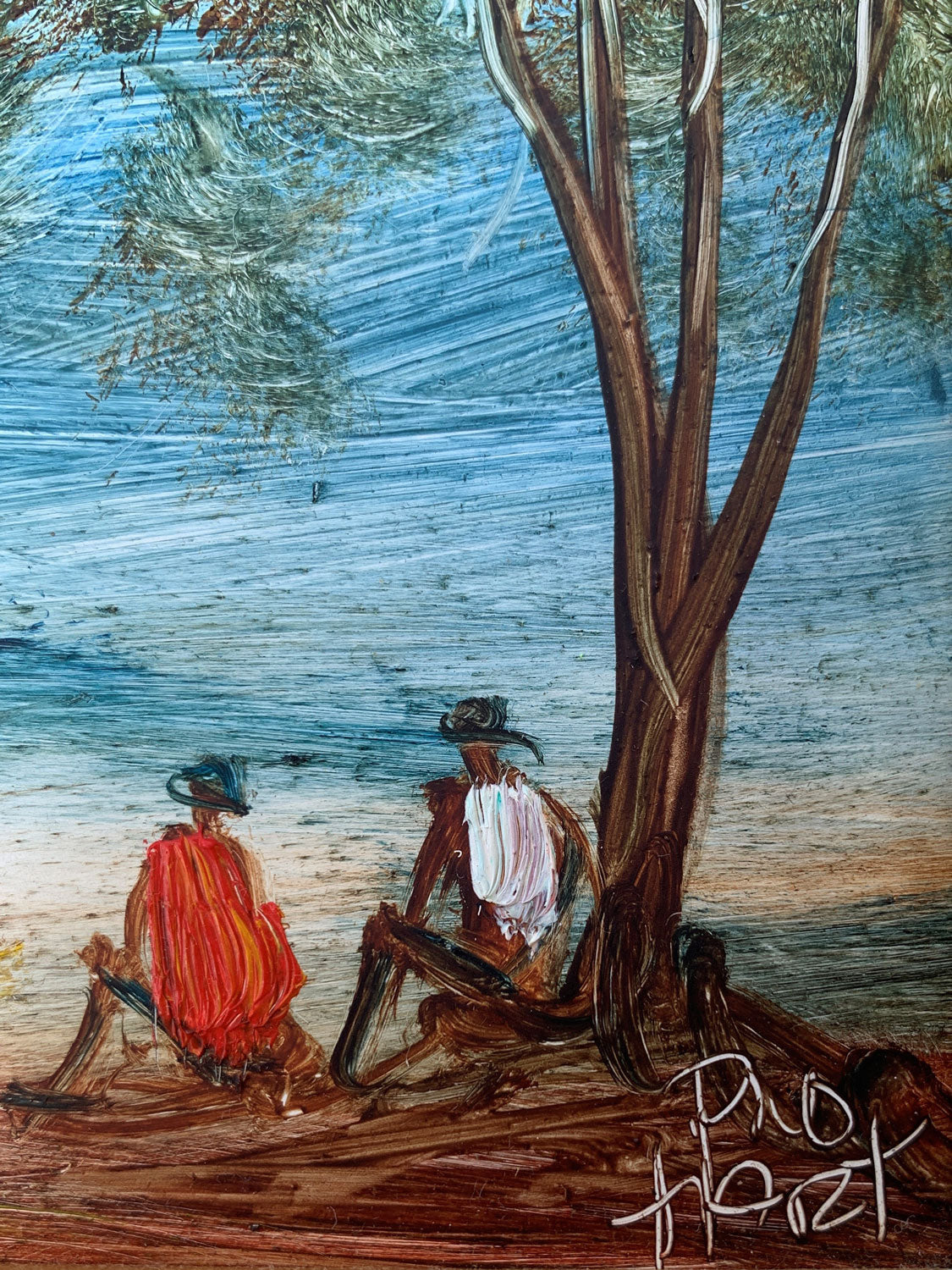 Pro Hart (1928-2006) - Original Oil Painting On Board 'Bush Walkers Resting" 14cm x 14cm