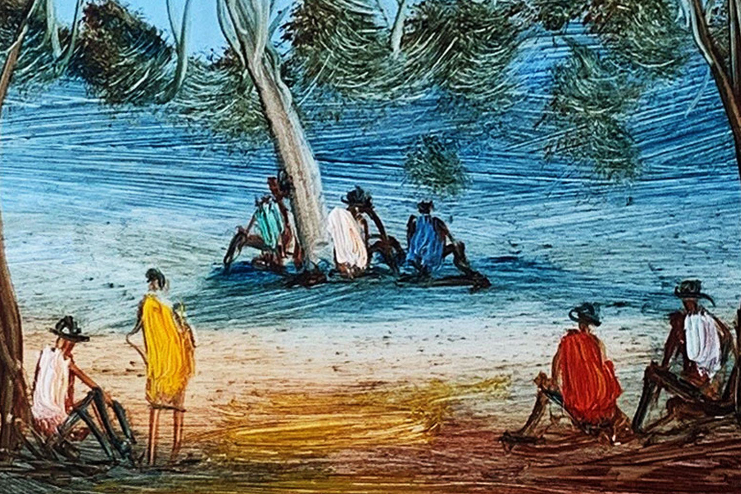 Pro Hart (1928-2006) - Original Oil Painting On Board 'Bush Walkers Resting" 14cm x 14cm