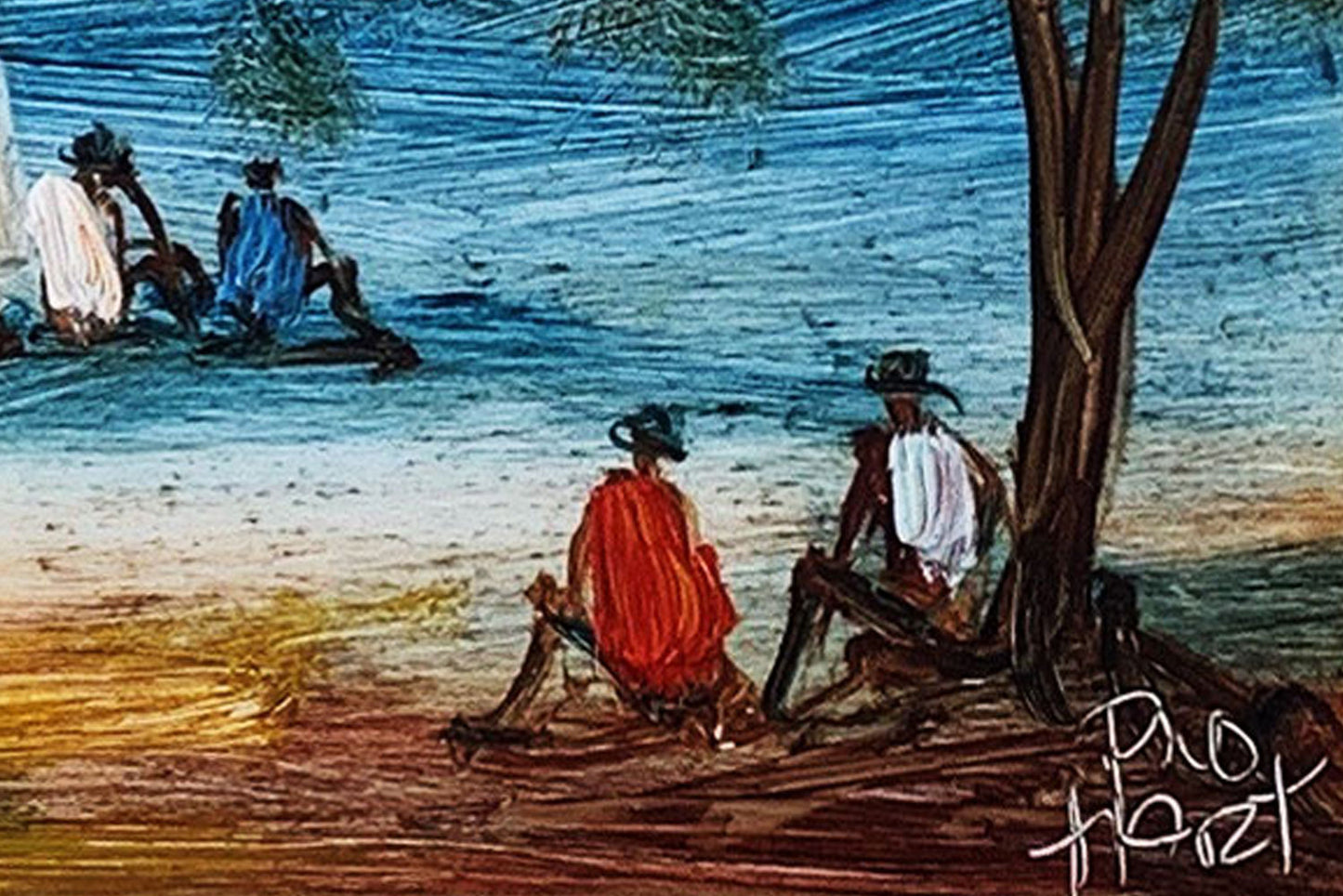 Pro Hart (1928-2006) - Original Oil Painting On Board 'Bush Walkers Resting" 14cm x 14cm
