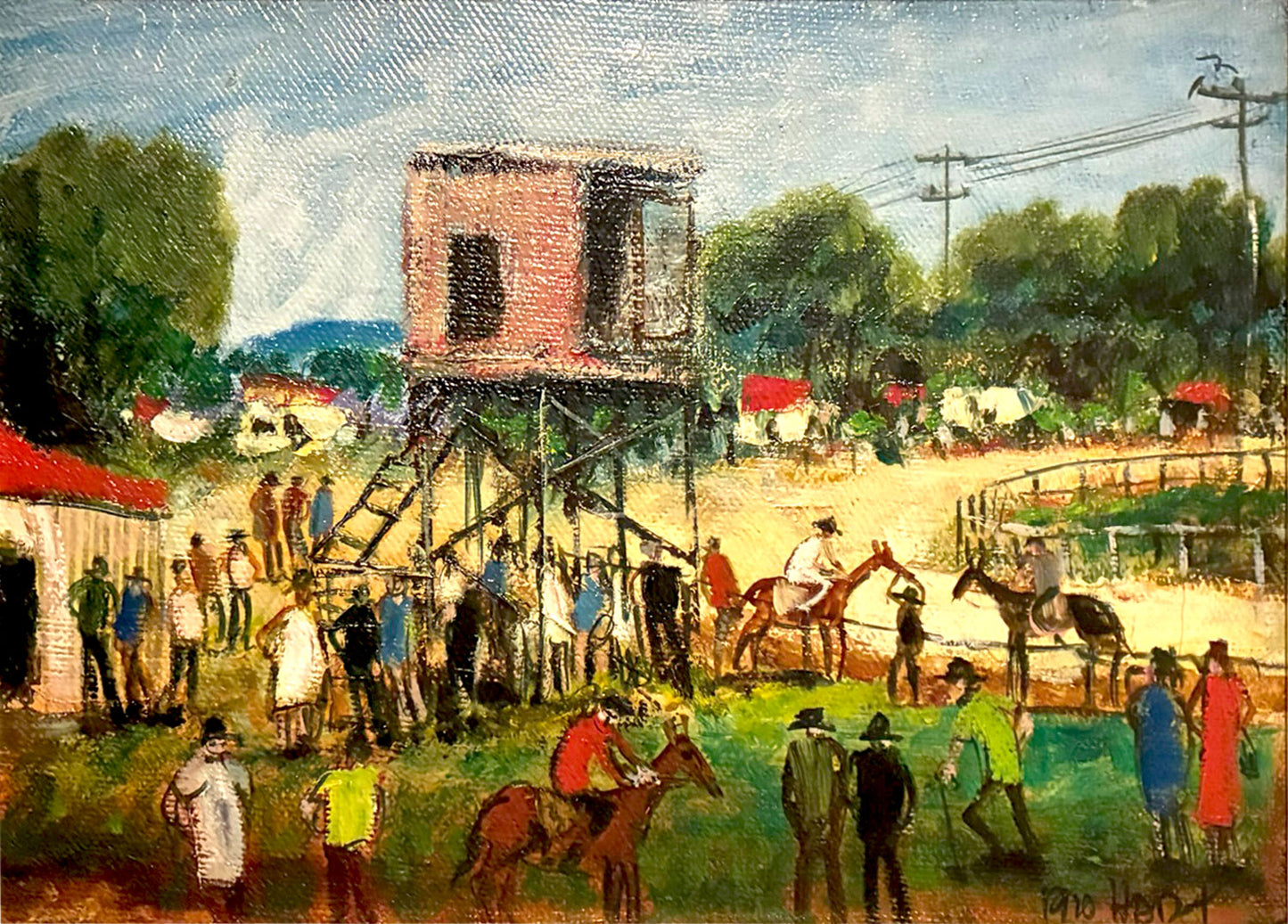 Pro Hart (1928-2006) - Large Original Oil Painting On Board 'Before the Race' 21cm x 29cm