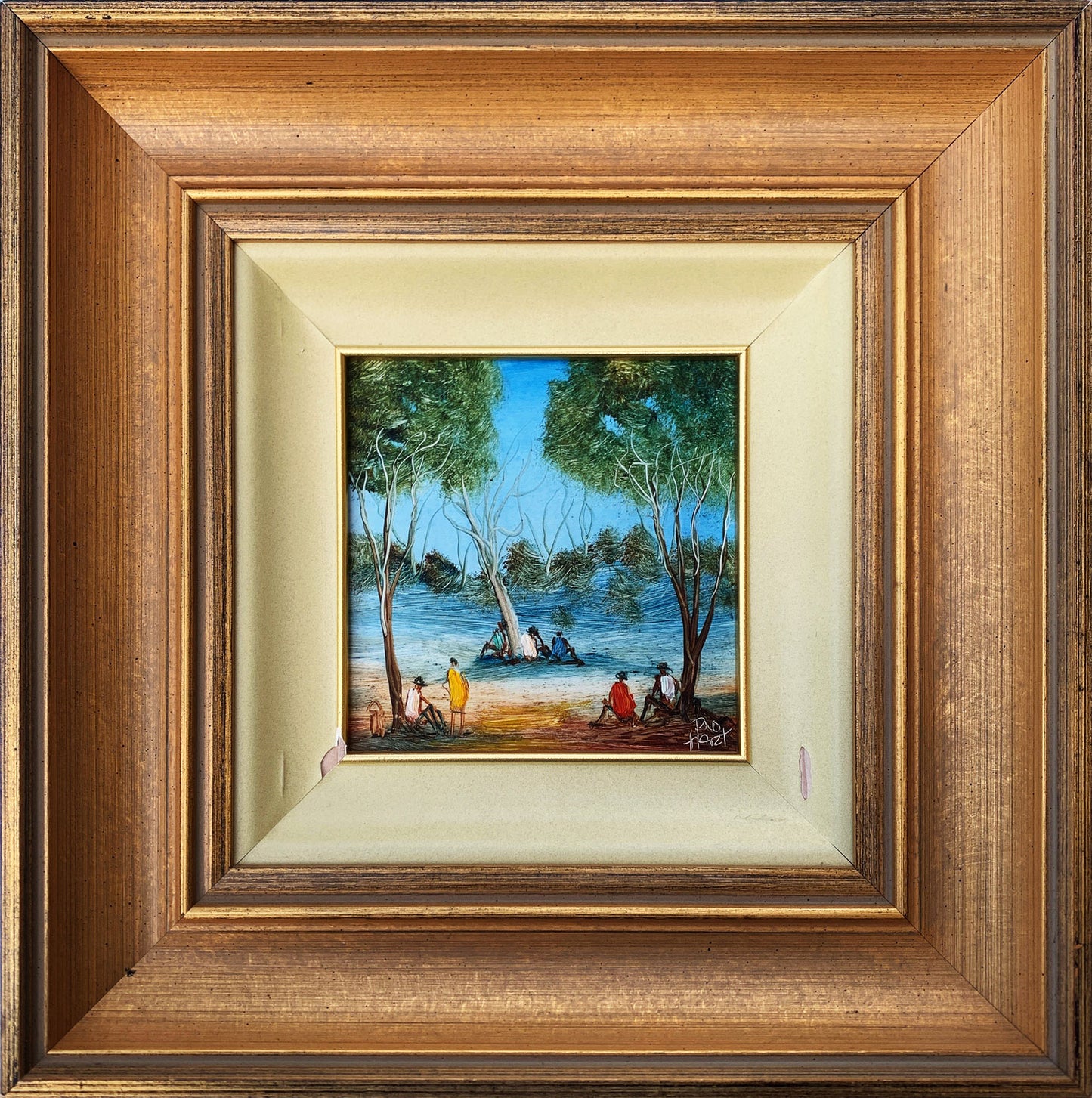 Pro Hart (1928-2006) - Original Oil Painting On Board 'Bush Walkers Resting" 14cm x 14cm