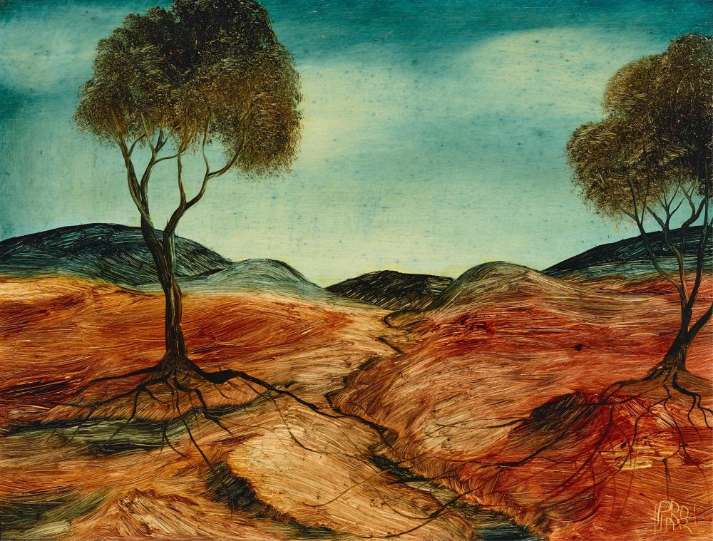 Pro Hart (1928-2006) Large Original Oil Painting On Board 'Parched Landscape" 26.5cm x 35.5cm