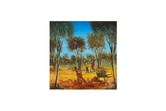 Pro Hart (1928-2006) - Original Oil Painting On Board 'Digging in the Bush' - 20cm x 19.5cm