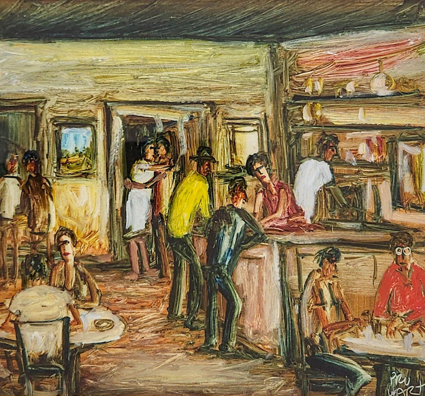 Pro Hart (1928-2006) - Large Original Oil Painting On Board 'Bar' - 24cm x 26cm