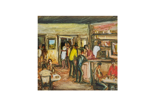 Pro Hart (1928-2006) - Large Original Oil Painting On Board 'Bar' - 24cm x 26cm