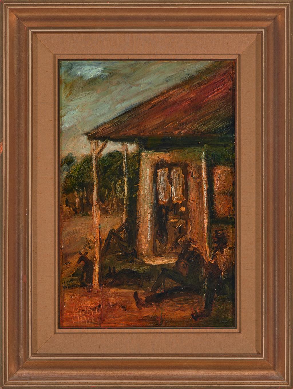 Pro Hart (1928-2006) - Large Original Oil Painting On Board 'Figures on an Outback Veranda' 42cm x 28cm