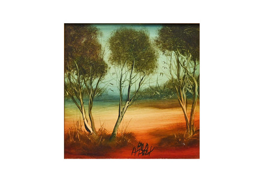 Pro Hart (1928-2006) - Original Oil on Board "Outback Landscape" - 29cm x 29cm
