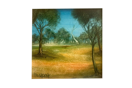 Pro Hart (1928-2006) Original Oil Painting on Board "Outback Landscape" - 19cm x 19cm