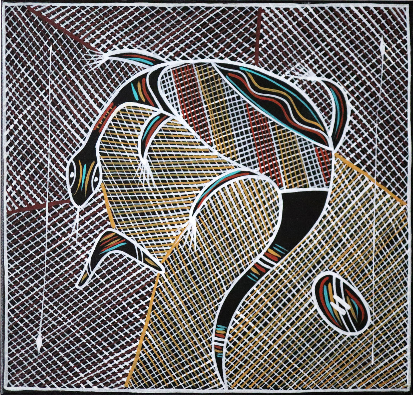 Reg Pengarte (b.1966) Original Aboriginal Artwork "Bush Tucker Goanna' 48cm x 50.5cm