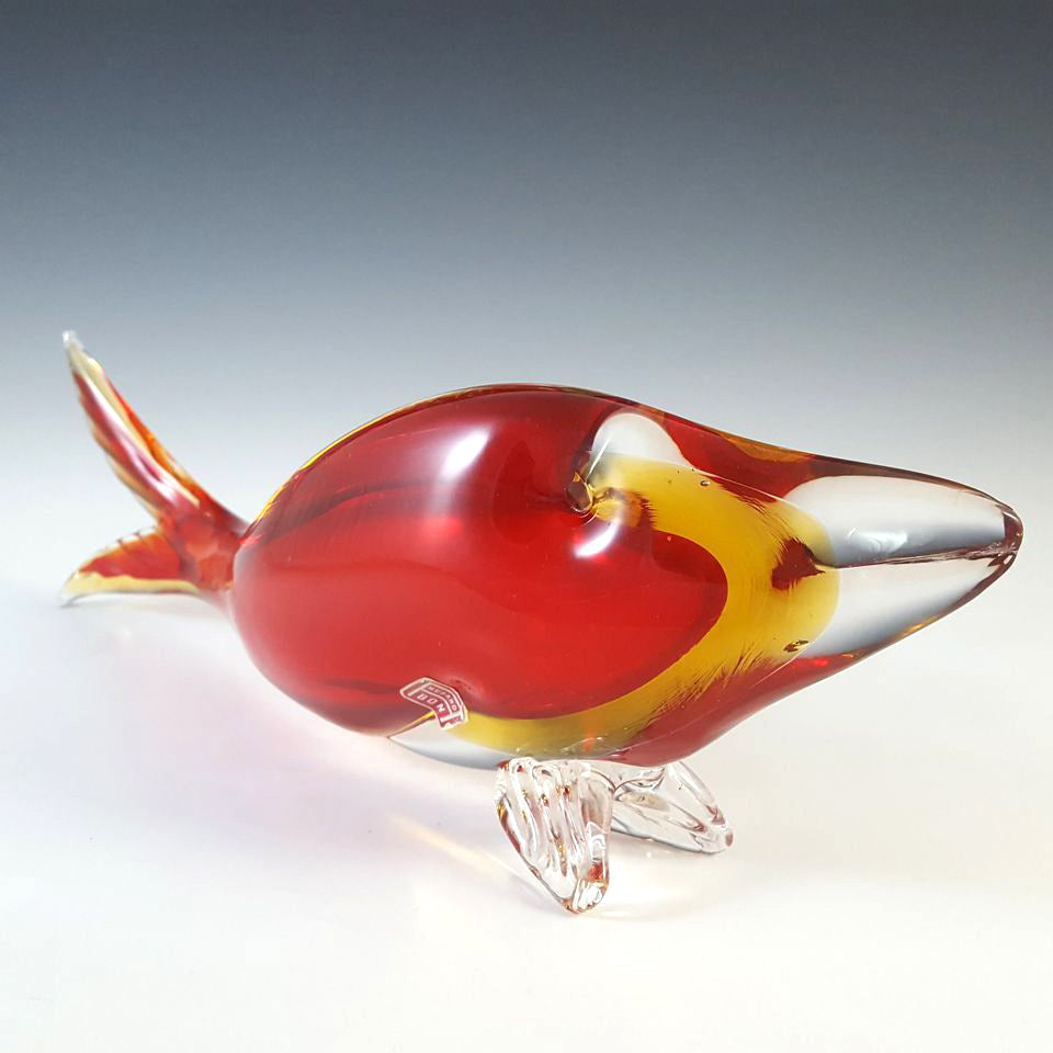 Aldo Bon Amber and Red Sommerso Murano Glass Fish 35.5cm