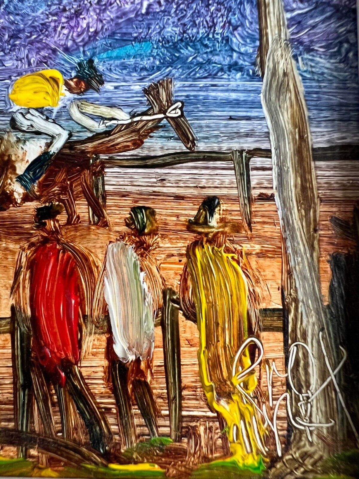 Pro Hart (1928-2006) - Original Oil Painting On Board 'The Horse Race' - 14.25cm x 11cm
