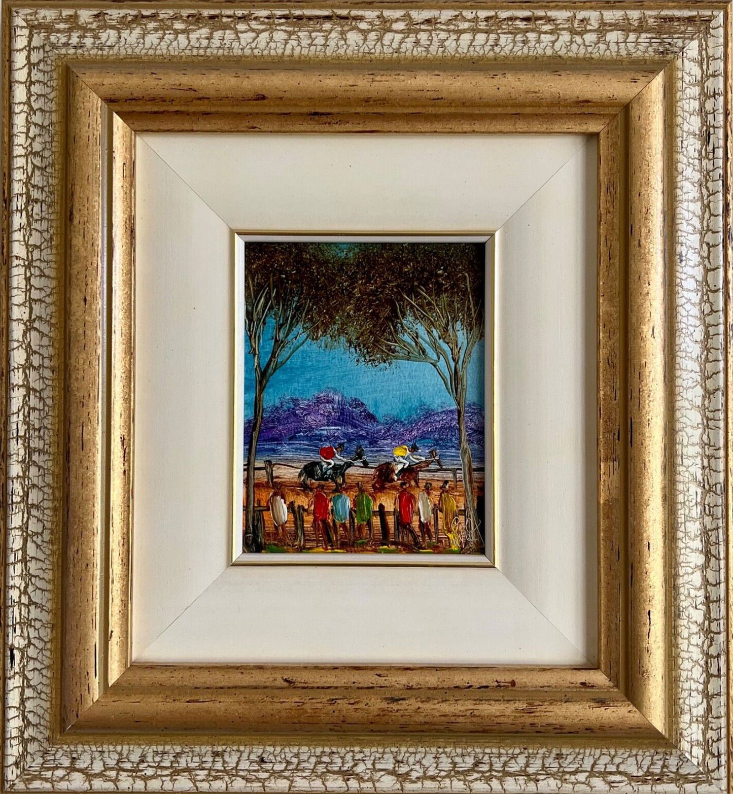 Pro Hart (1928-2006) - Original Oil Painting On Board 'The Horse Race' - 14.25cm x 11cm