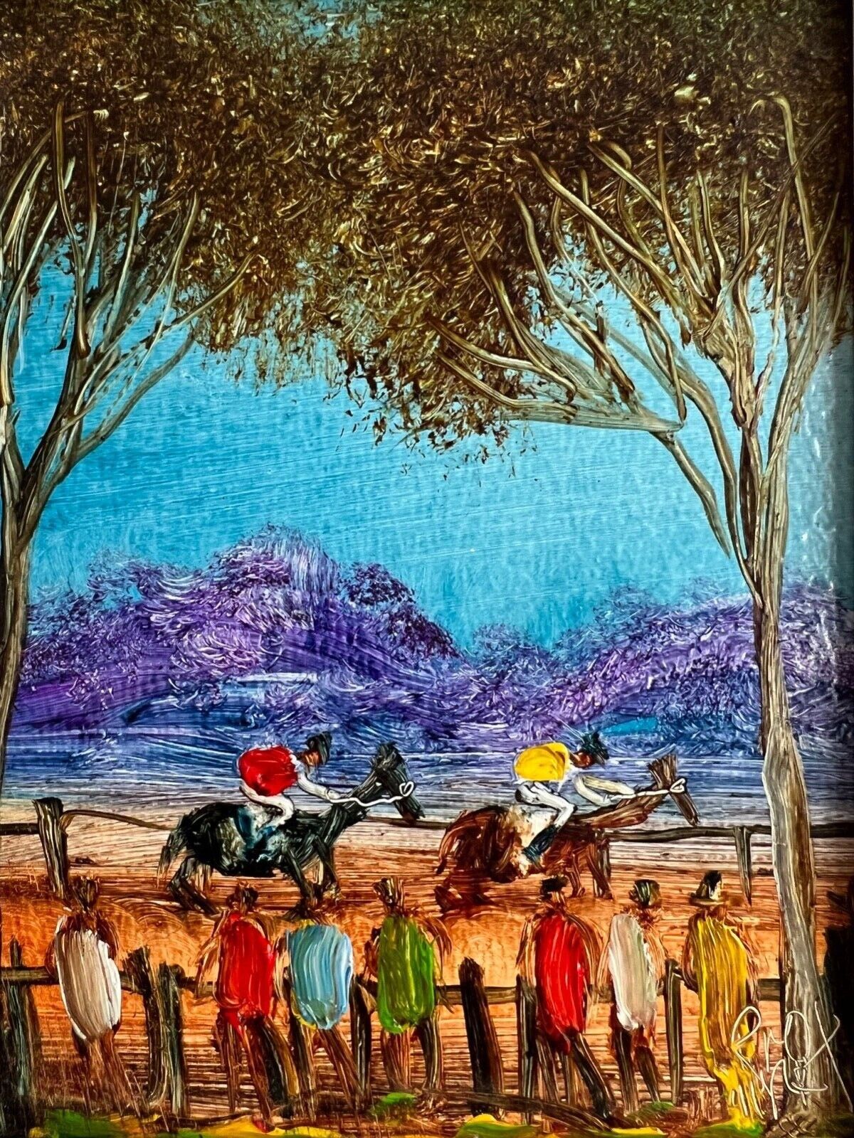 Pro Hart (1928-2006) - Original Oil Painting On Board 'The Horse Race' - 14.25cm x 11cm