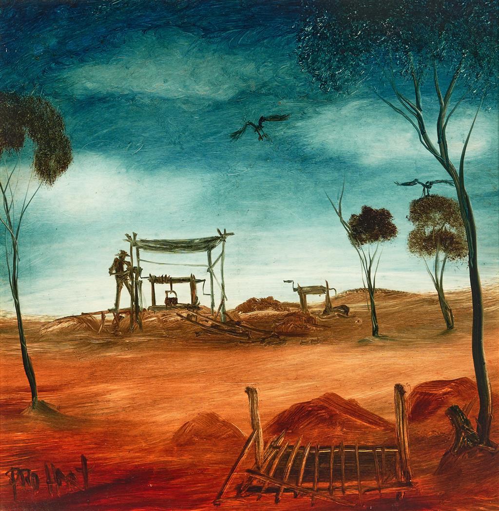 Pro Hart (1928-2006) - Original Oil Painting on Board - 29cm x 29cm