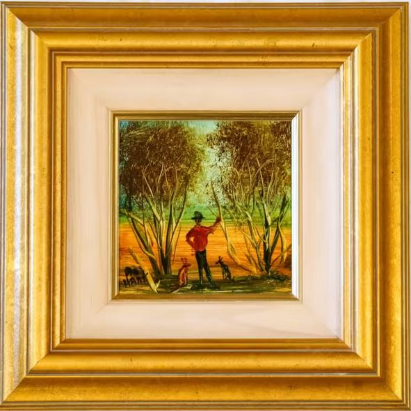 Pro Hart (1928-2006) - Original Oil Painting On Board 'Bush Scene' - 13cm x 13cm