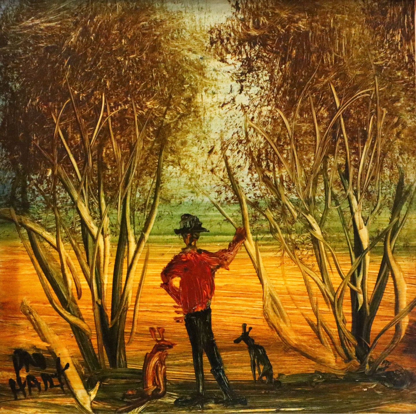 Pro Hart (1928-2006) - Original Oil Painting On Board 'Bush Scene' - 13cm x 13cm
