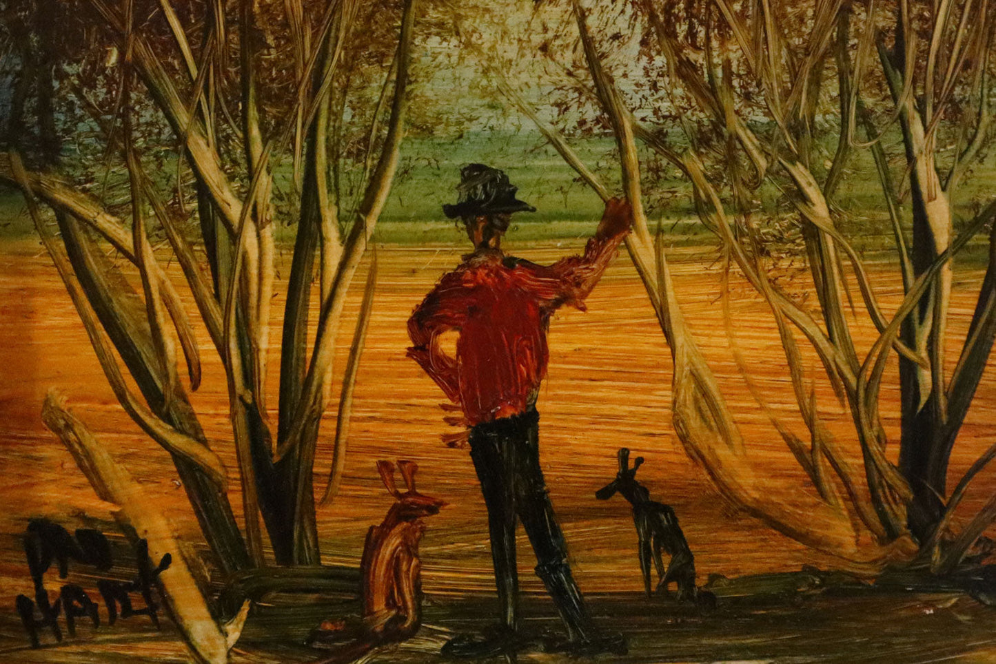 Pro Hart (1928-2006) - Original Oil Painting On Board 'Bush Scene' - 13cm x 13cm
