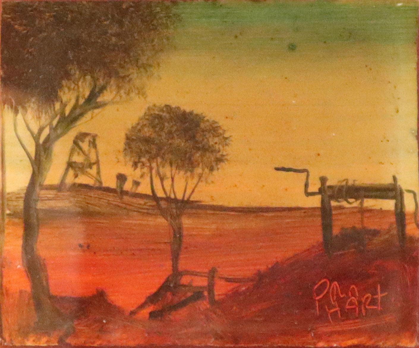Pro Hart (1928-2006) - Original Oil Painting On Board 'Mining Scene' 10cm x 8cm