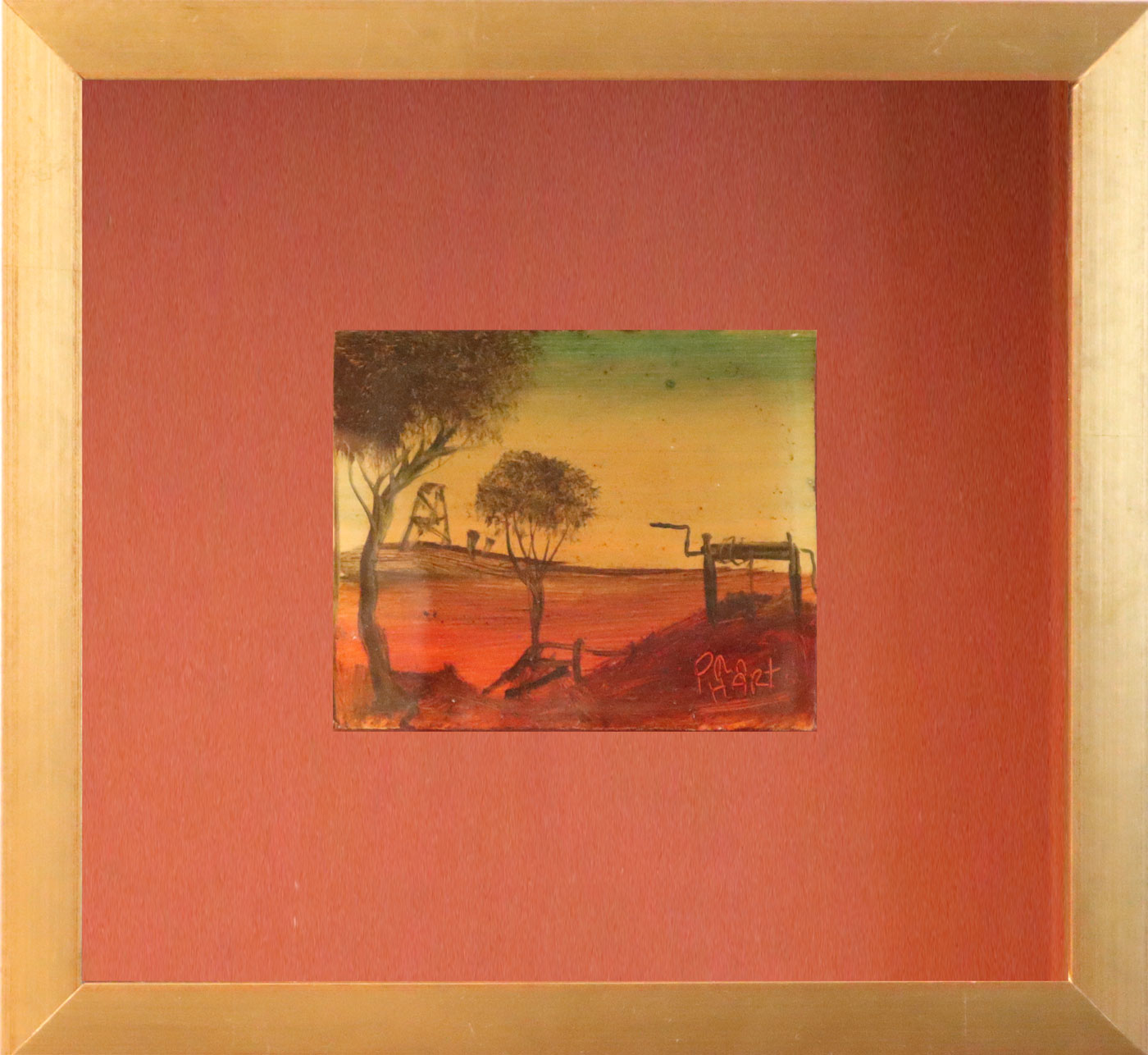 Pro Hart (1928-2006) - Original Oil Painting On Board 'Mining Scene' 10cm x 8cm