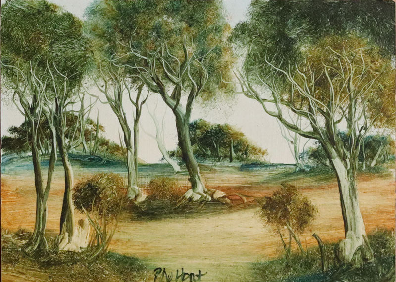 Pro Hart (1928-2006) - Original Oil Painting On Board 'Bush Landscape' - 18.5cm x 25.5cm