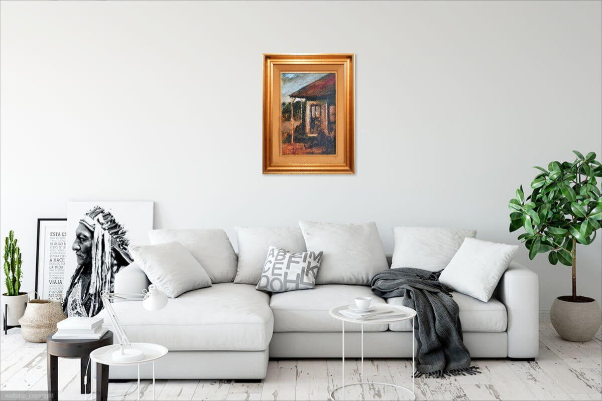Pro Hart (1928-2006) - Large Original Oil Painting On Board 'Figures on an Outback Veranda' 42cm x 28cm