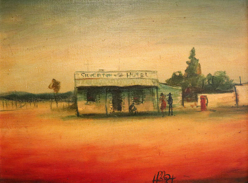 Pro Hart (1928-2006) - Large Original Oil Painting On Canvas 'Silverton Hotel' 29cm x 40cm