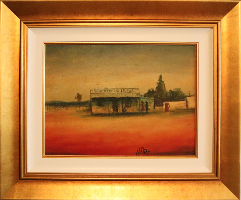 Pro Hart (1928-2006) - Large Original Oil Painting On Canvas 'Silverton Hotel' 29cm x 40cm