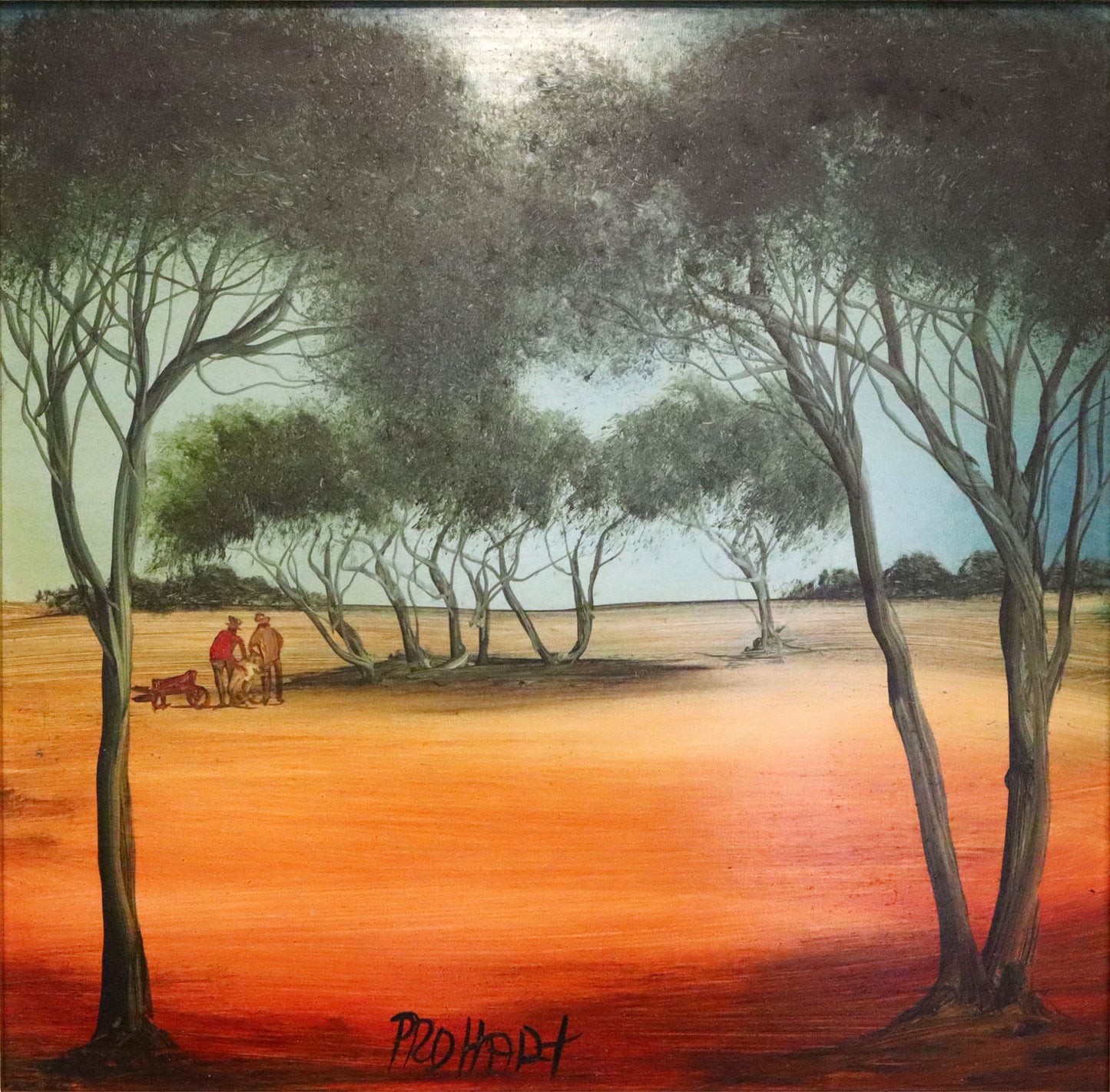Pro Hart (1928-2006) - Large Original Oil Painting On Board 'Shearing the Straggler' - 30cm x 30cm