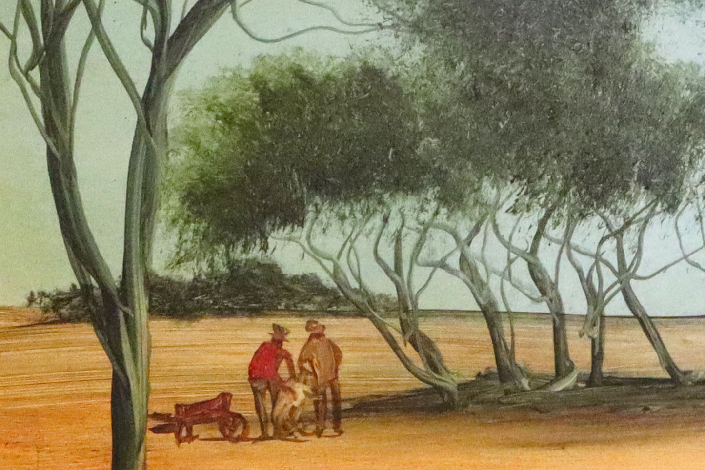 Pro Hart (1928-2006) - Large Original Oil Painting On Board 'Shearing the Straggler' - 30cm x 30cm