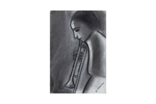 Robert Dickerson (1924-2015), Original Charcoal Drawing 'Trombone Player - 28cm x 18.5cm