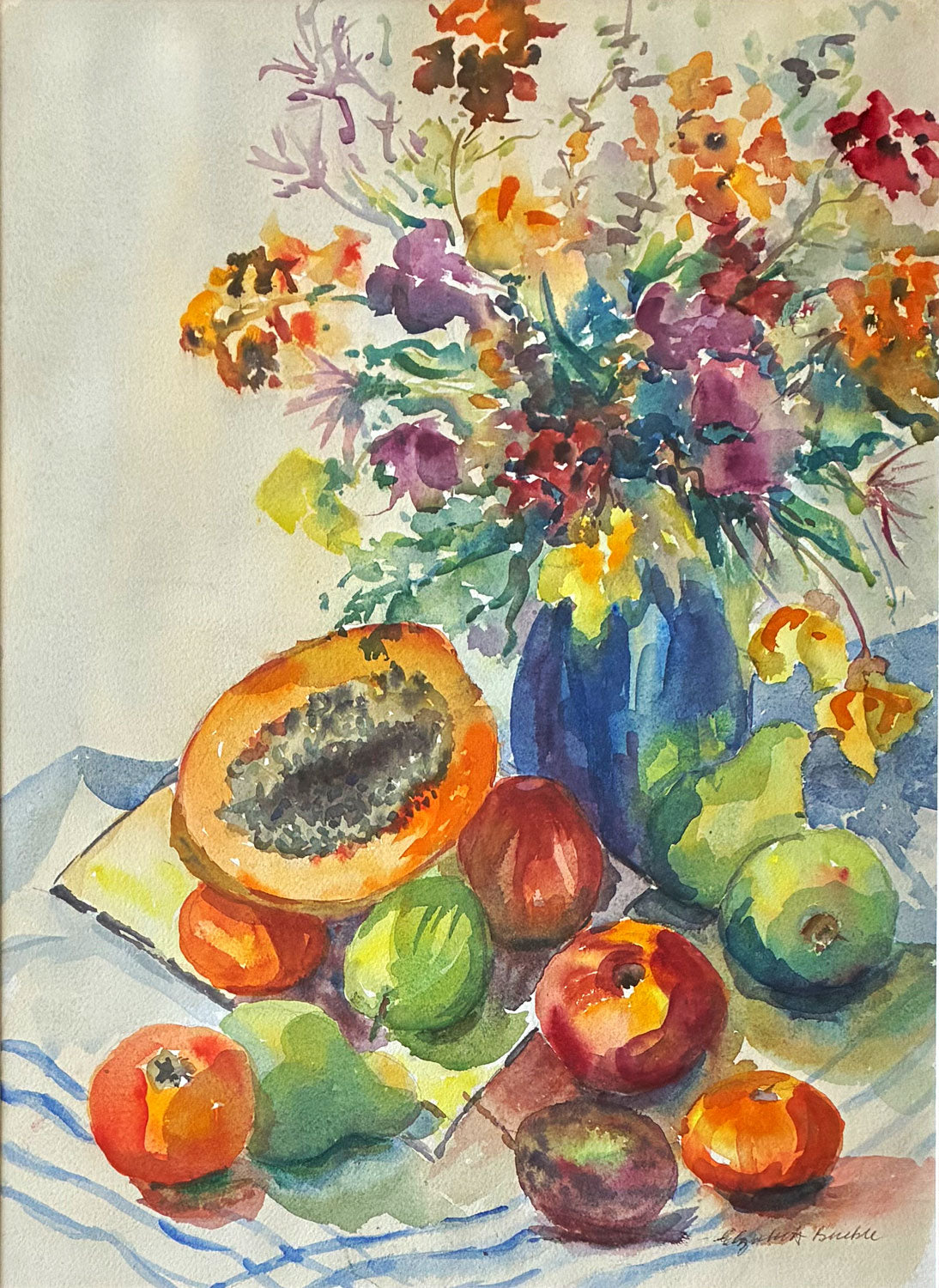 Elizabeth Bruble - Original Watercolour Painting on Paper 'Flowers and Fruit' 49.5cm x 35cm