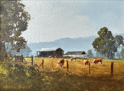 Kevin Best (1932-2012) - Original Oil Painting  'Autumn Morning Near Tumut' 14.5cm x 19.5cm