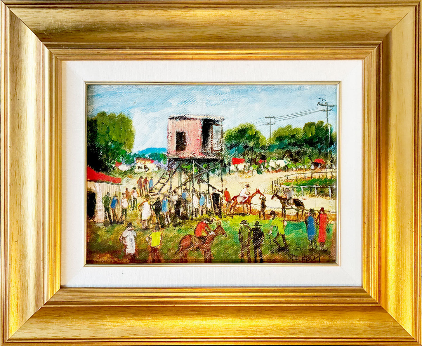 Pro Hart (1928-2006) - Large Original Oil Painting On Board 'Before the Race' 21cm x 29cm