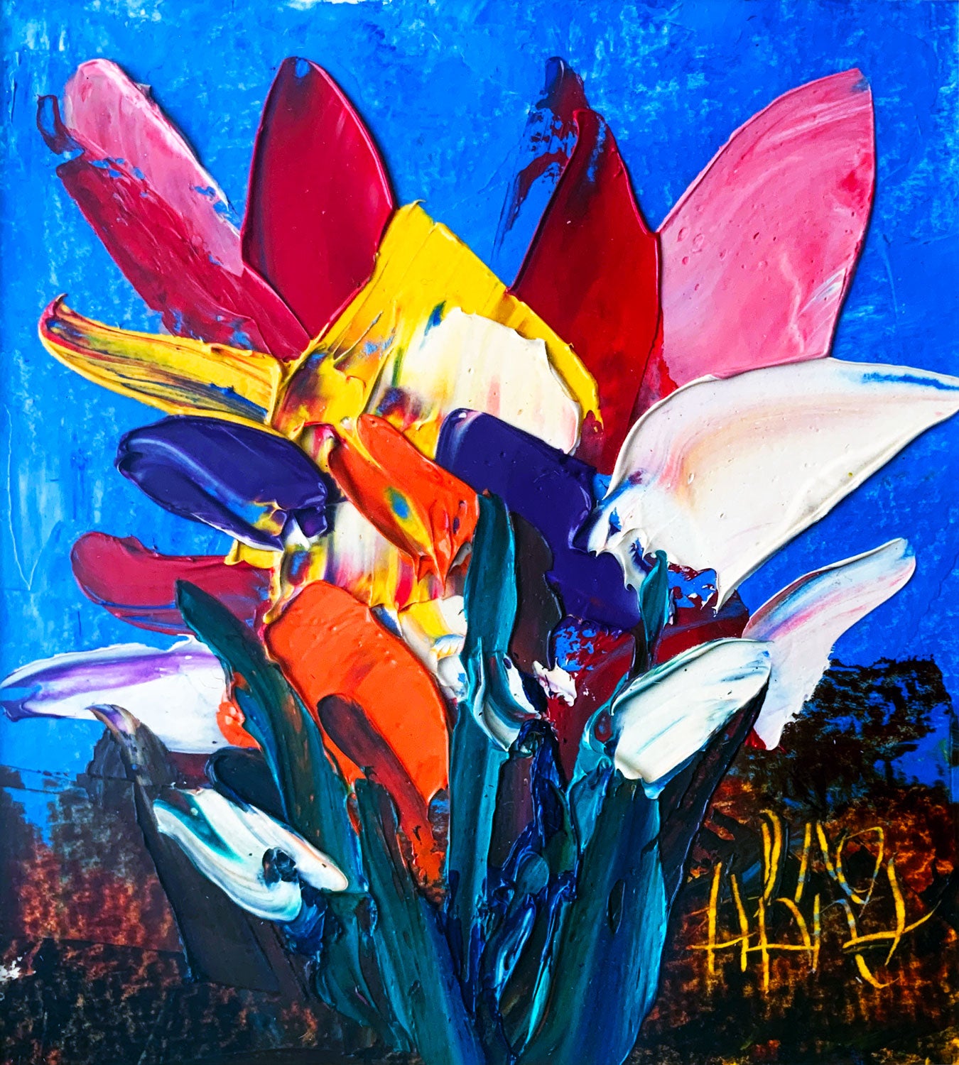 Pro Hart (1928-2006) Original Oil Painting On Board 'Flowers' 13cm x 12cm
