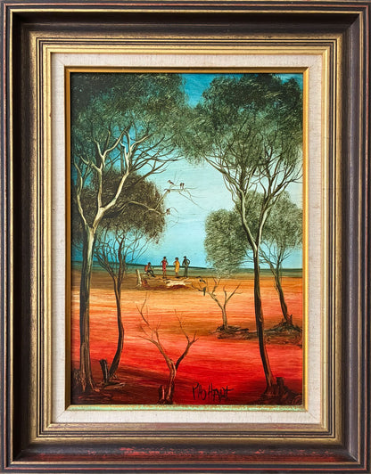 Pro Hart (1928-2006) - Large Original Oil Painting 'Figures in a Landscape' 44cm x 30cm