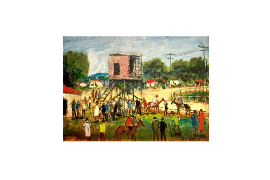 Pro Hart (1928-2006) - Large Original Oil Painting On Board 'Before the Race' 21cm x 29cm
