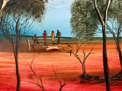 Pro Hart (1928-2006) - Large Original Oil Painting 'Figures in a Landscape' 44cm x 30cm